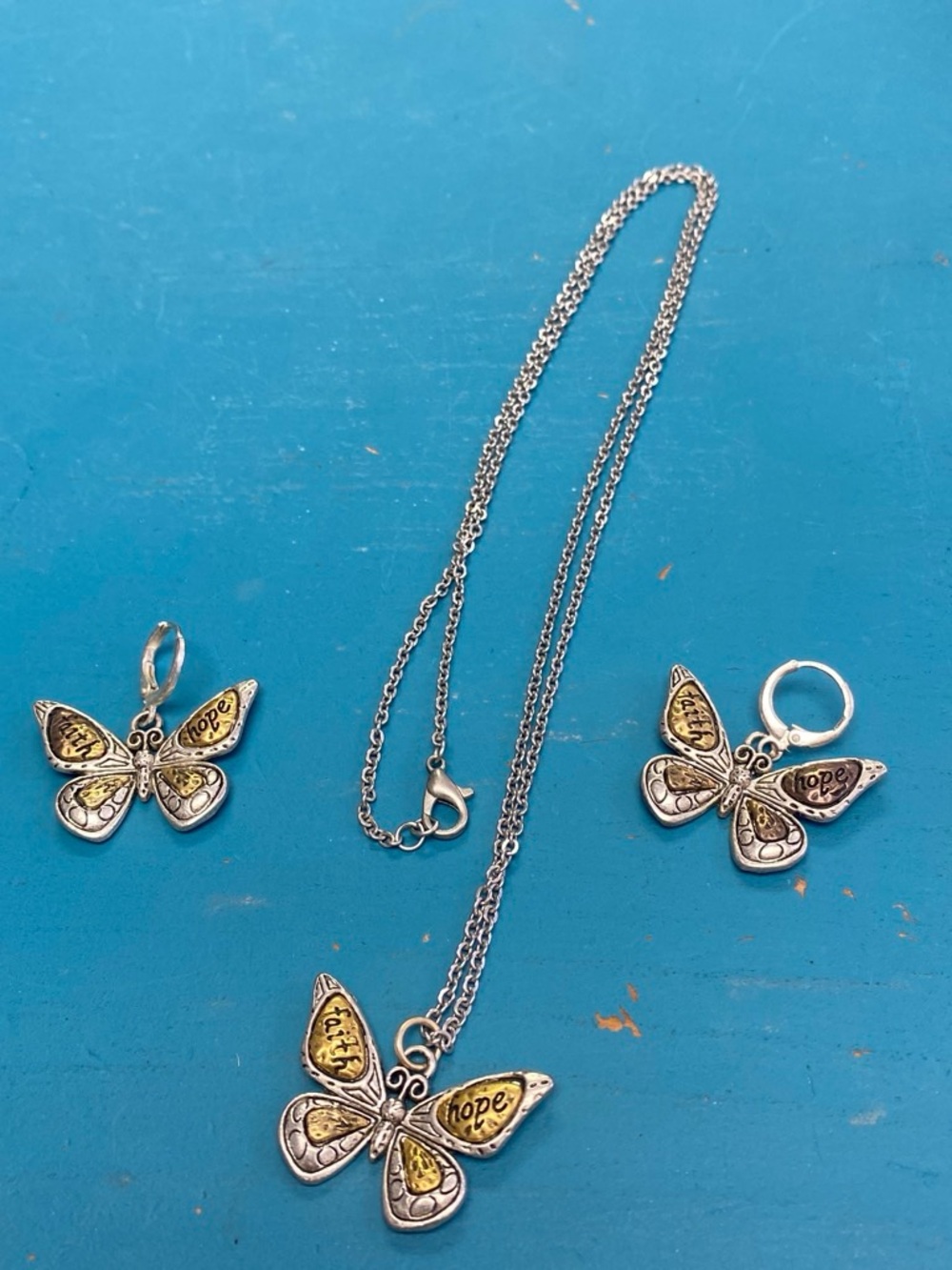 Butterfly Hope Pendant Necklace and Earring Set - Yellow Accent Silver Tone